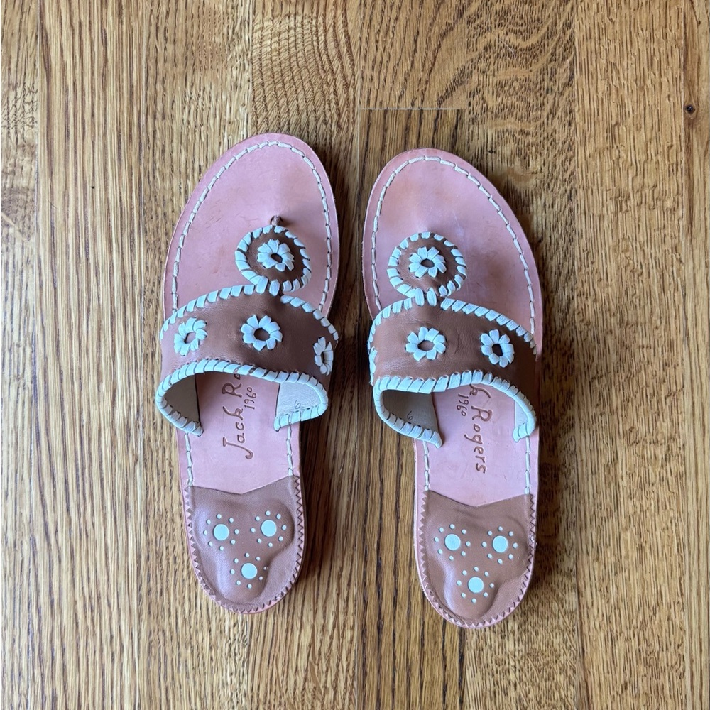Jack Rogers Brown and White Floral Flat Sandals Size-6